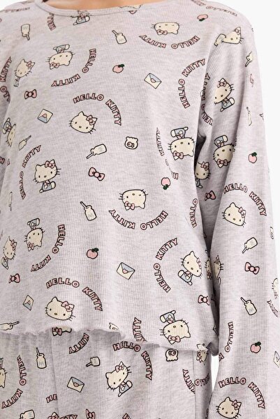 DeFacto Girls Hello Kitty Pajama Set Wide Leg Corded Fabric Ribbed Knit Long Sleeve Top Long Bottom G3156A825Wn