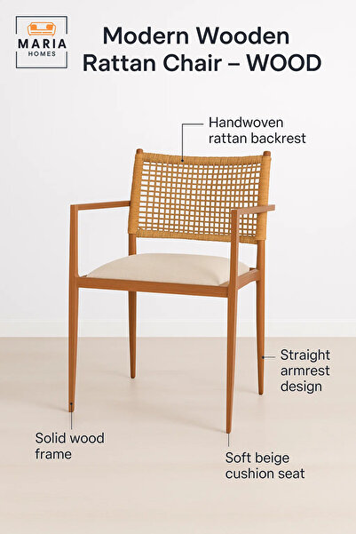 MARIA HOMES Modern Wooden Woven Chair – Rattan Dining Chair with Cushion for Home and Café