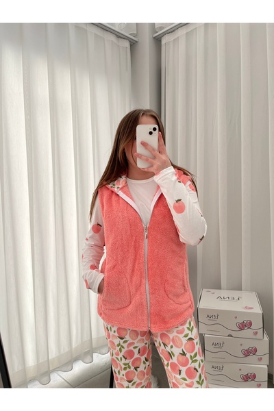Lena Homewears Women's Soft Welsoft Fleece Hooded Vest Set 3-Piece Pajama Set