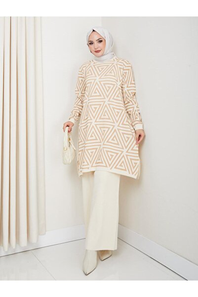 PALME D'OR Women's Silvery Geometric Patterned Knitwear Trouser Set