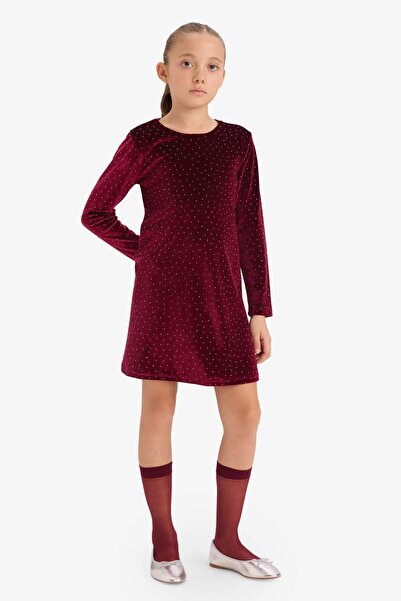 DeFacto Girls' Crew Neck Velvet Long Sleeve Dress G5994A825Wn
