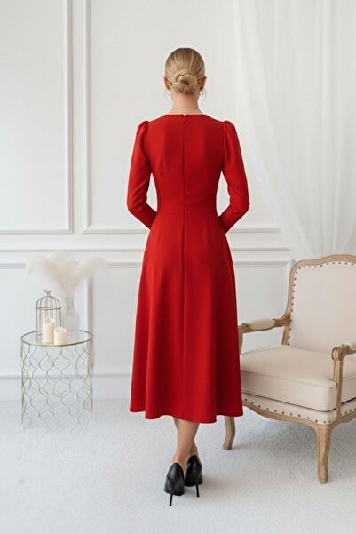 Mossta Elegant Red V-Neck Casual & Occasion Midi Dress