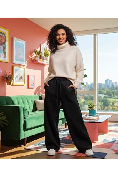 LACKH Pre-Painted Black Women's Wide-Leg Sweatpants Flexible Comfortable Loose Fit