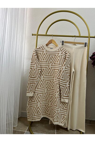 PALME D'OR Women's Silvery Geometric Patterned Knitwear Trouser Set