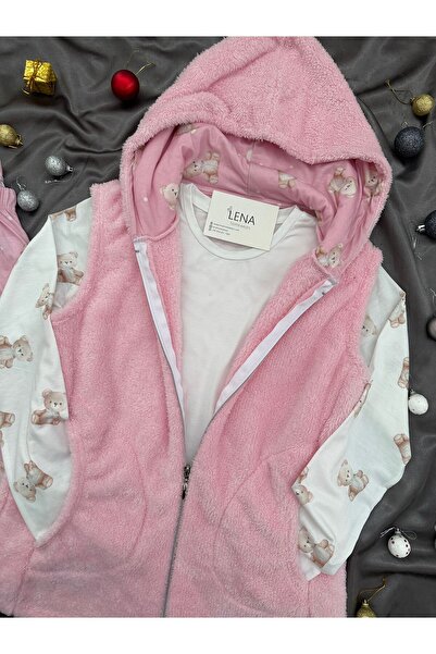 Lena Homewears Women's Soft Welsoft Fleece Hooded Vest Set 3-Piece Pajama Set