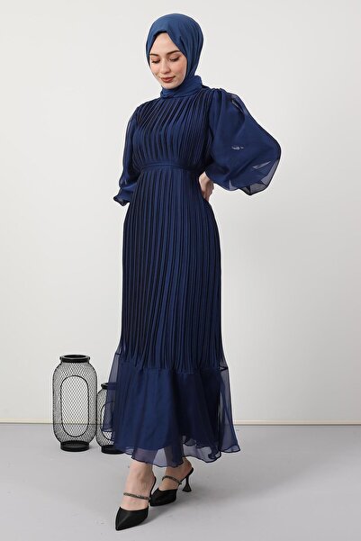 GİYZAMİLA Pleated Janjan Evening Dress Navy Blue
