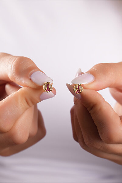 SUNSHINE 925 Ayar Gümüş ,Gold Kaplamalı Taşlı Uğur Böceği Model Küpe