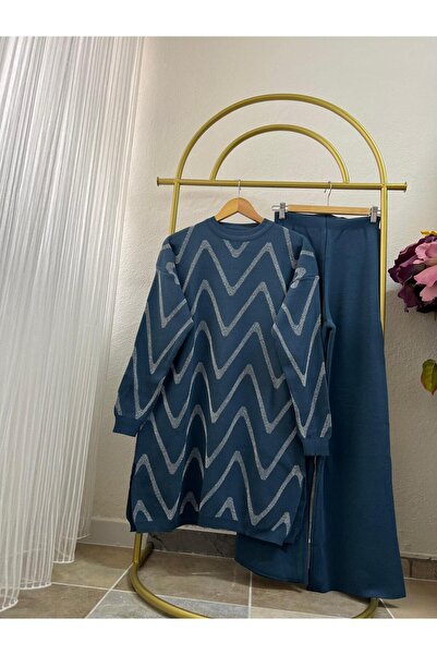 PALME D'OR Women's Silvery Zigzag Patterned Knitwear Trouser Set