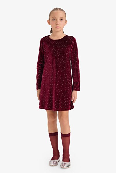 DeFacto Girls' Crew Neck Velvet Long Sleeve Dress G5994A825Wn
