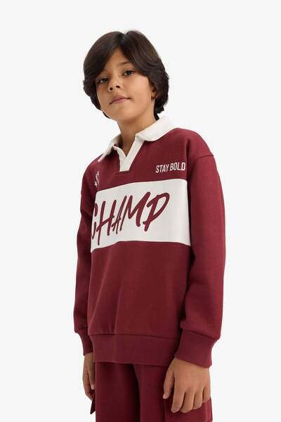 DeFacto Boy's Oversized Wide Fit Polo Neck Printed Soft Fleece Inside Sweatshirt G4384A825Wn