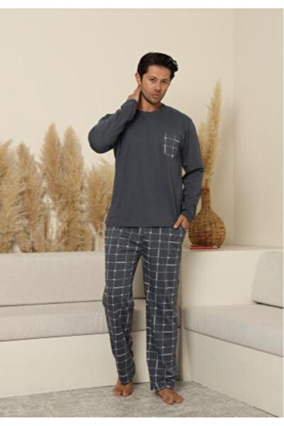 embody Men's cotton long pyjamas with trouser pockets, grey 70071
