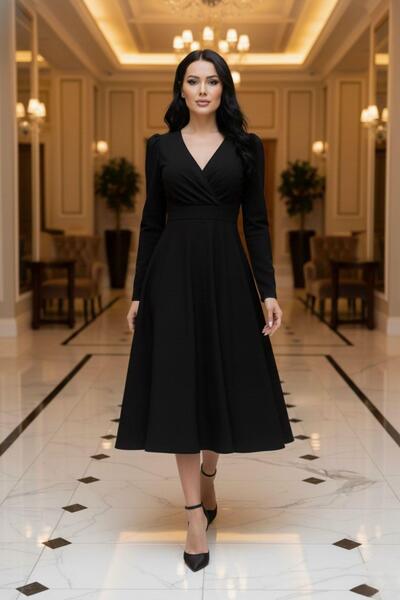 Mossta Elegant Waist-Sitting Midi Black Dress