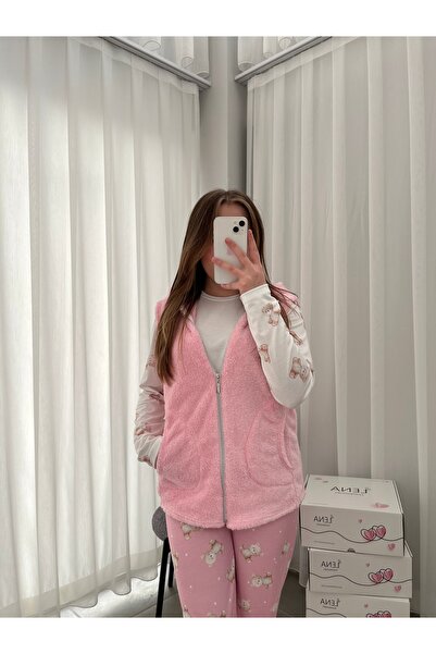 Lena Homewears Women's Soft Welsoft Fleece Hooded Vest Set 3-Piece Pajama Set