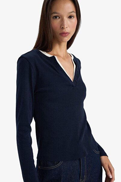 DeFacto Slim Fit Slim Fit Buttoned Collar Ribbed Long Sleeve T-Shirt G3490Ax25Wn