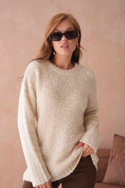 Noi Belis Oversized Soft Textured Crew Neck Knitwear Sweater Aw25Kz0085