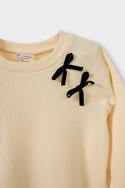 DeFacto Baby Girl Crew Neck Bow Detail Corded Fabric Ribbed Knit Long Sleeve T-Shirt G5772A525Wn