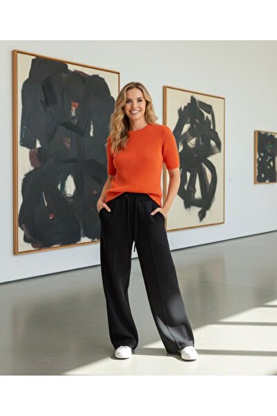 LACKH Pre-Painted Black Women's Wide-Leg Sweatpants Flexible Comfortable Loose Fit