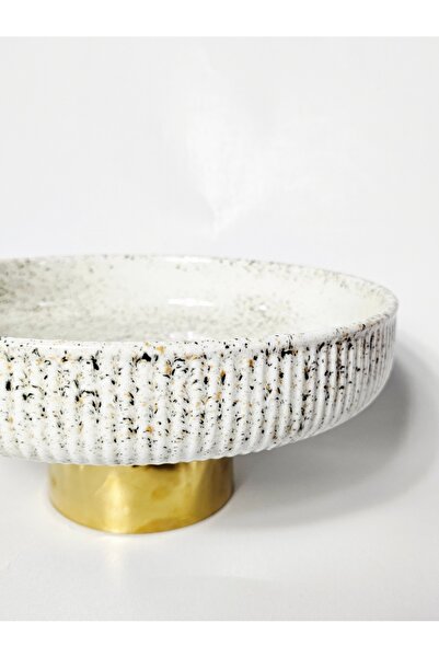 Casalina White ceramic footed platter with granite details and gold base