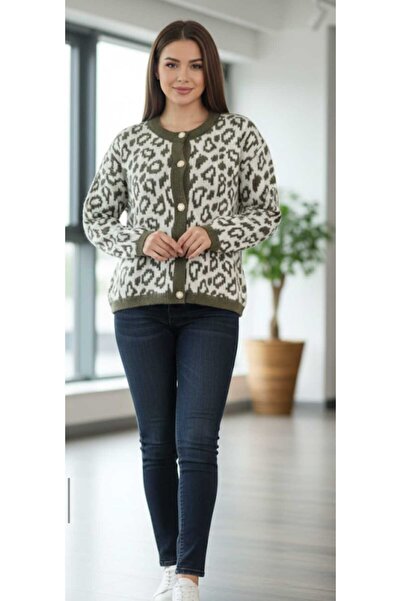 Askı Nişantaşı Khaki Ecru Leopard Patterned Cardigan