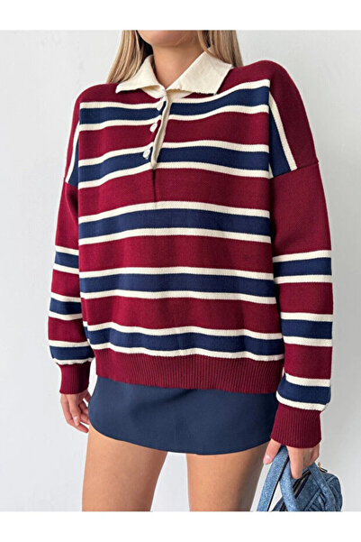 Elfin Striped Buttoned Polo Neck Women's Knitwear Sweater