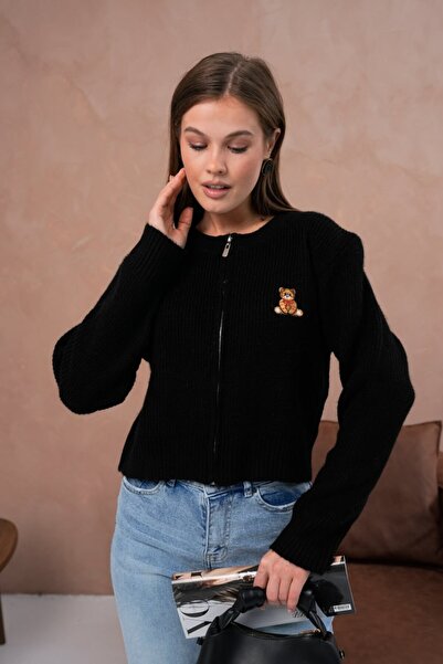 Noi Belis Basic Zippered Teddy Bear Embroidered Knitwear Cardigan Aw25Hi0062