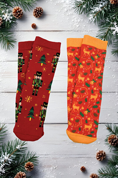 Sofist İstanbul Christmas Themed Cotton Towel Socks Set of 2 Soft Christmas Patterned Socks Set in a Special Gift Bag
