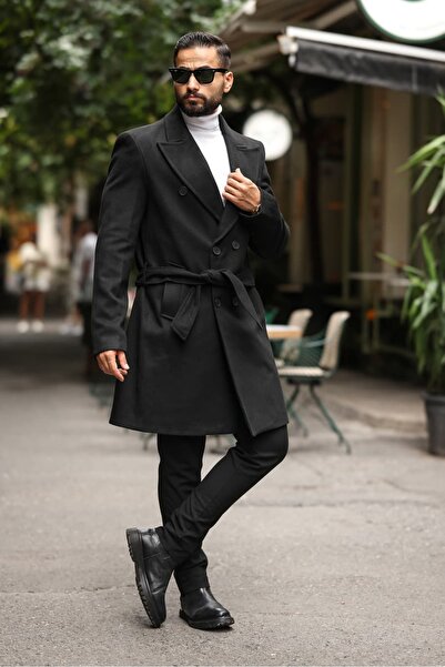 Endap Black Belted Men's Modern Fit Cashmere Coat