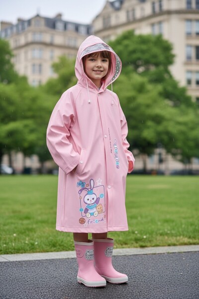 VANCKEY EVA Kumaş Kapüşonlu Desenli Cepsiz Çıtçıtlı Çocuk Yağmurluğu Çanta Ko...