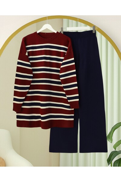 Modamorfo Round Neck Colorful Striped Casual Knitwear Set - Burgundy
