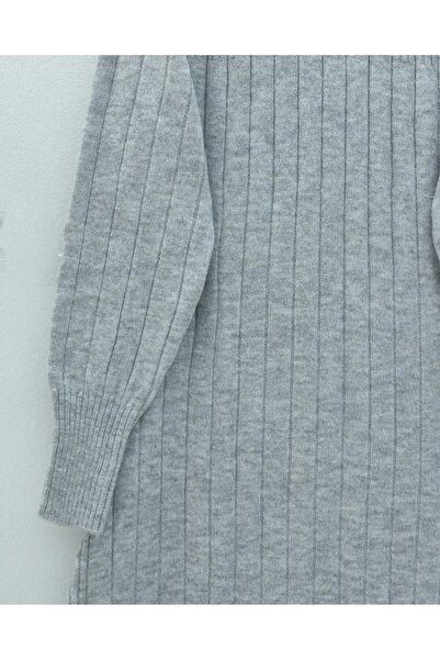 Modamorfo Corded Fabric Slit Long Knitwear Dress -Grey