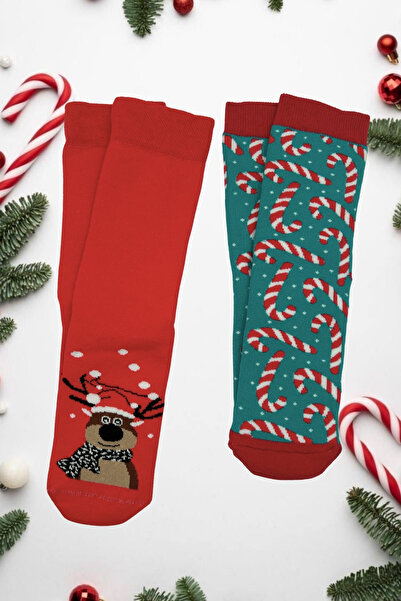 Sofist İstanbul Christmas Themed Cotton Towel Socks Set of 2 Soft Christmas Patterned Socks Set in a Special Gift Bag