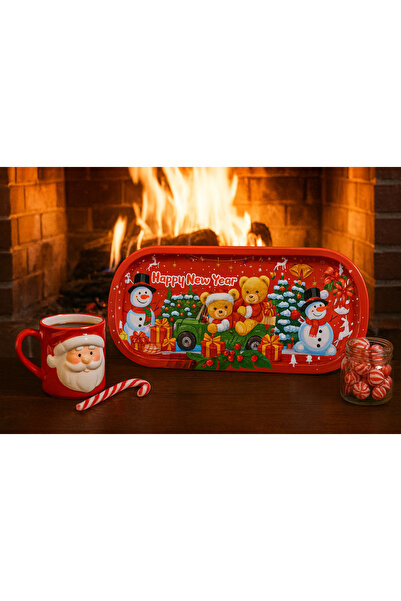 ATAGİFT HEDİYELİK Yılbaşı Temalı Metal Servis Tepsisi, Noel Kırmızı Sunum Tepsisi, Kardan Adam ve Ayı Desenli 35x15 cm