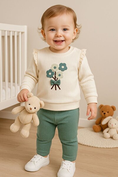 Baby Breeze Kız Bebek Dantel Omuz Detaylı Çiçekli Üst ve l Alt Takım – 9-12-18 Ay Şık Kombin