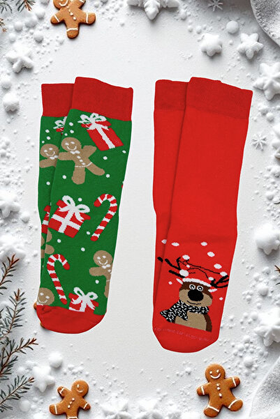 Sofist İstanbul Christmas Themed Cotton Towel Socks Set of 2 Soft Christmas Patterned Socks Set in a Special Gift Bag