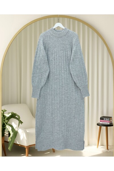 Modamorfo Corded Fabric Slit Long Knitwear Dress -Grey