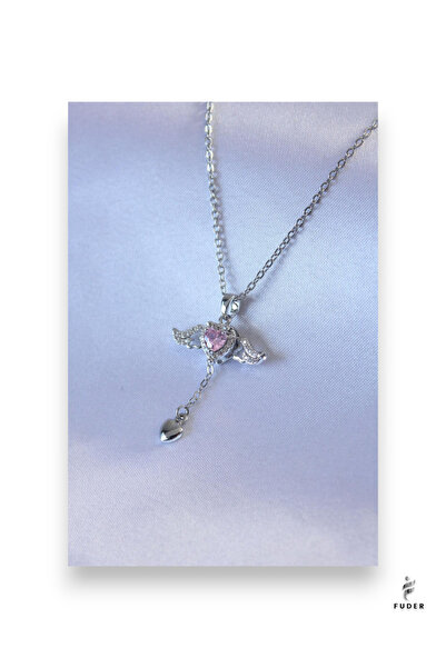 FUDER 316L Çelik Gümüş Renk Kanatlı Kalp Figür Zirkon Taş Detay Kadın Kolye