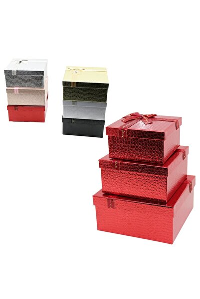 CT STONES 3Pcs Square Shiny Mix Color - Embossed Pattern Cardboard Gift Box with Ribbon 25-21-17cm (5446)
