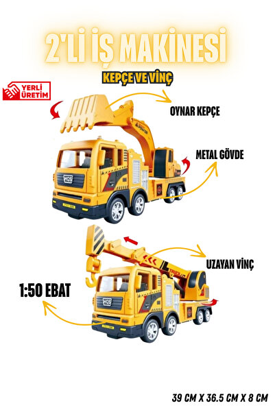 welcomein 2’li İş Makinesi Seti 1:50 Ölçek Metal Kepçe ve Vinç Oyuncak İnşaat...