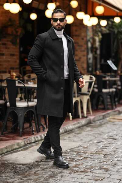 Endap Men's Modern Fit Black Cashmere Coat with Hidden Button Detail