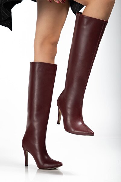 Zerenyus Zer-İn-2004 Premium Pointed Toe Thin Heeled Burgundy Boots
