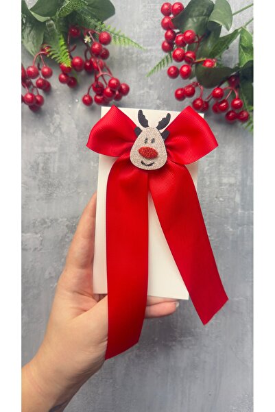 Toka Perisi Handmade Christmas Red Ribbon Bow Deer Clip-On Buckle (6cm with Metal Clip)