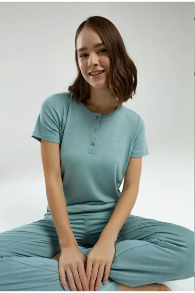 Pierre Cardin Water Green Buttoned Short Sleeve Viscose Pajama Set Thpc9Cl88Pc