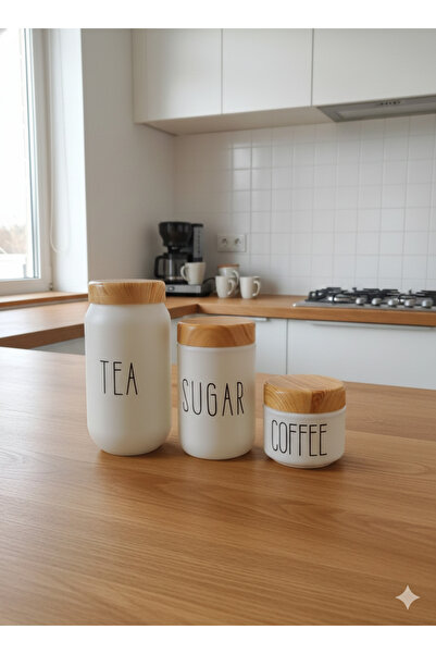Blissra Set of 3 Matte Glass Food Storage Jars with Wooden Lids | Tea Sugar Coffee Corner Kitchen Organizer