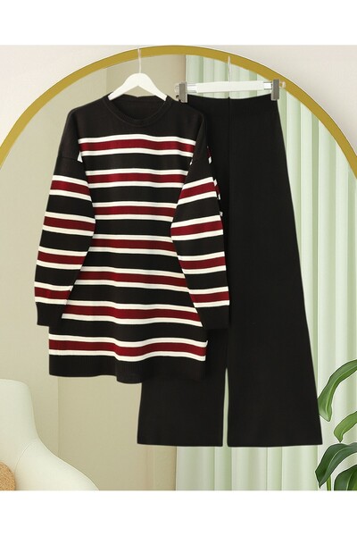Modamorfo Round Neck Colorful Striped Casual Knitwear Set -Black