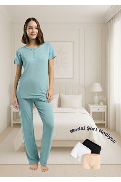 Pierre Cardin Water Green Buttoned Short Sleeve Viscose Pajama Set Thpc9Cl88Pc