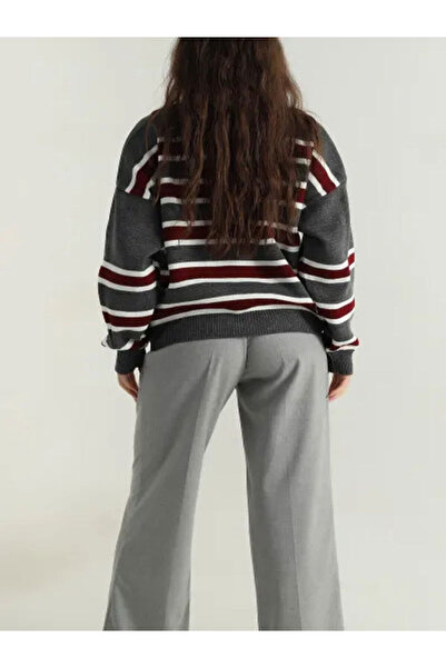 Elfin Striped Buttoned Polo Neck Women's Knitwear Sweater