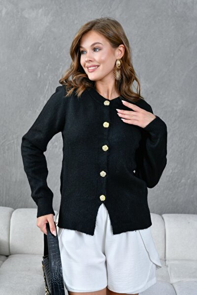 Noi Belis Basic Large Button Detailed Knitwear Cardigan Aw25Hi0061