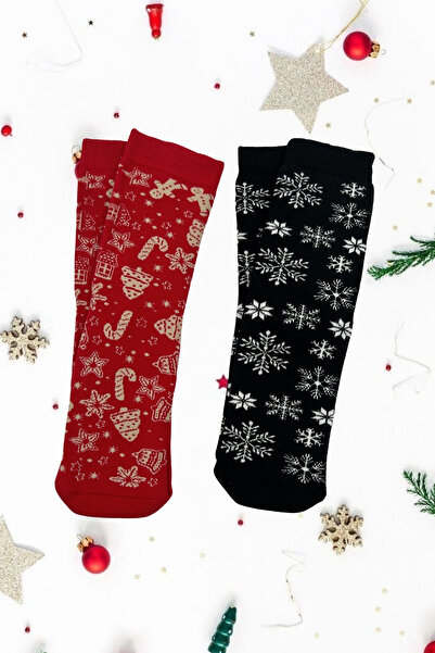 Sofist İstanbul Christmas Themed Cotton Towel Socks Set of 2 Soft Christmas Patterned Socks Set in a Special Gift Bag