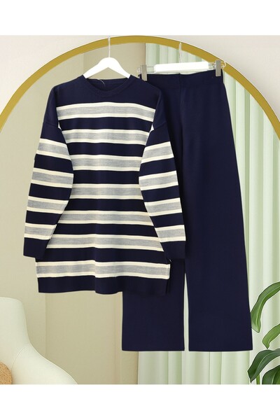 Modamorfo Round Neck Colorful Striped Casual Knitwear Set - Gray