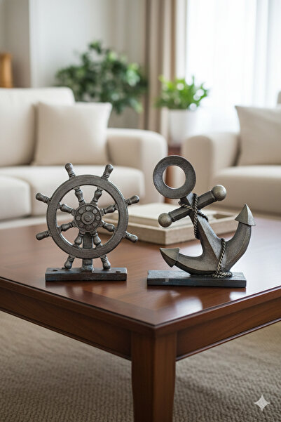 Dekoromi Dekoratif Çapa ve Dümen Biblo Denizci Heykel Seti Dekorasyon (2 Parç...